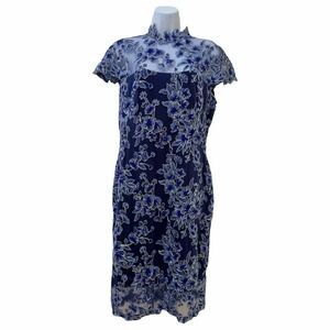 Tadashi Shoji Lace Applique Cap Sleeve Cocktail Mini Dress Size 14 Navy Blue